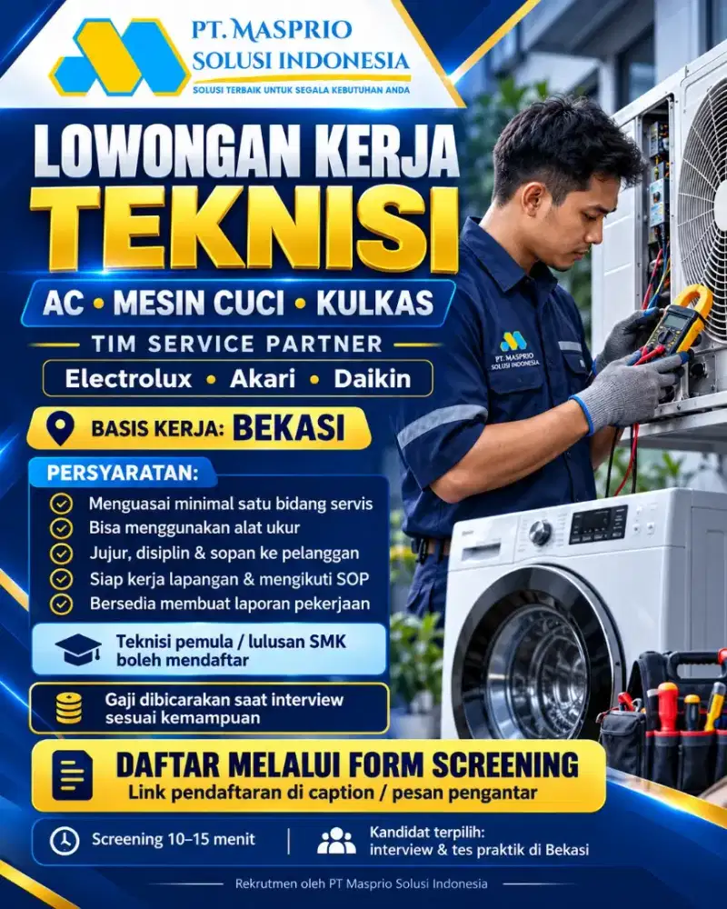 Loker teknisi AC ,mesin cuci kulkas