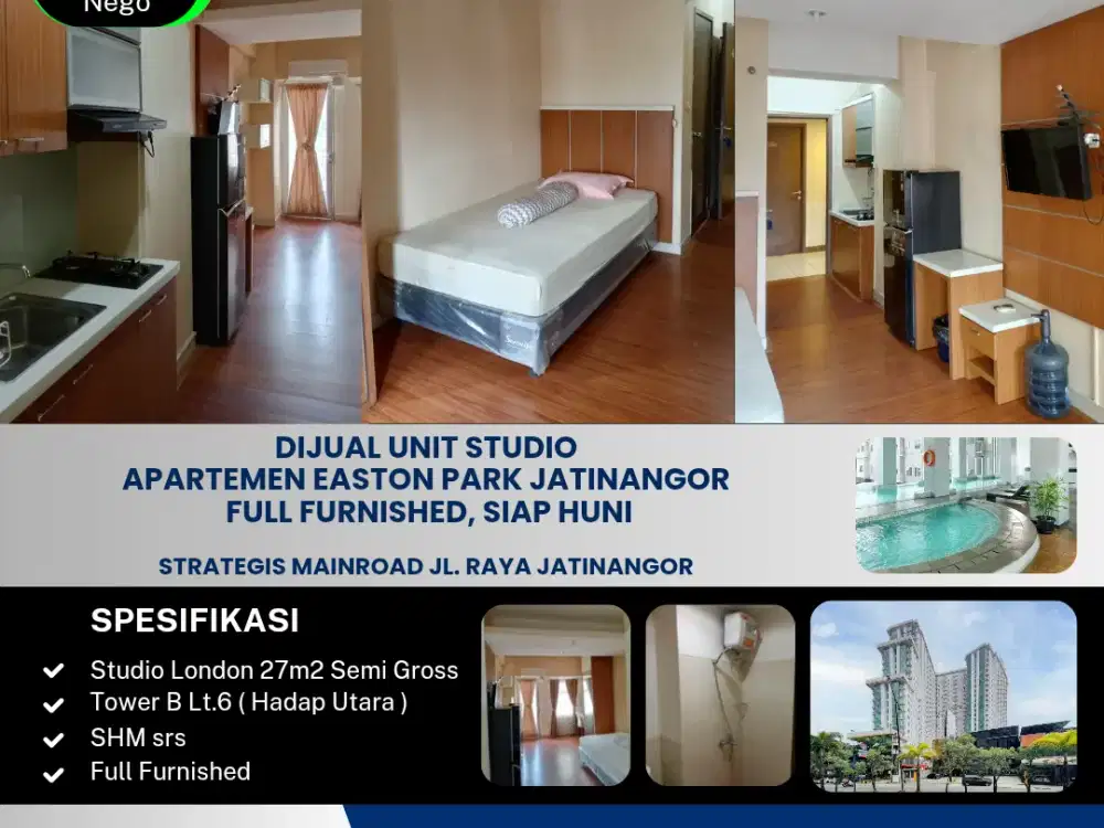 Dijual Cepat Unit Studio
Apartemen Easton Park Jatinangor
Full Furnished, Siap Huni