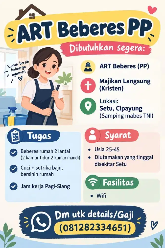Dicari ART Beberes PP Setu, Cipayung
