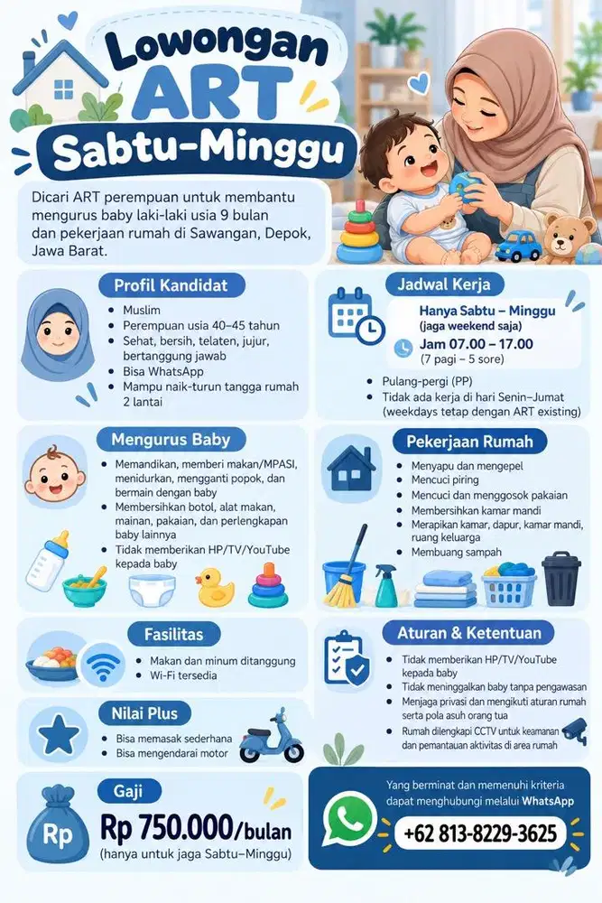 Lowongan ART baby sitter sabtu minggu gaji 750rb