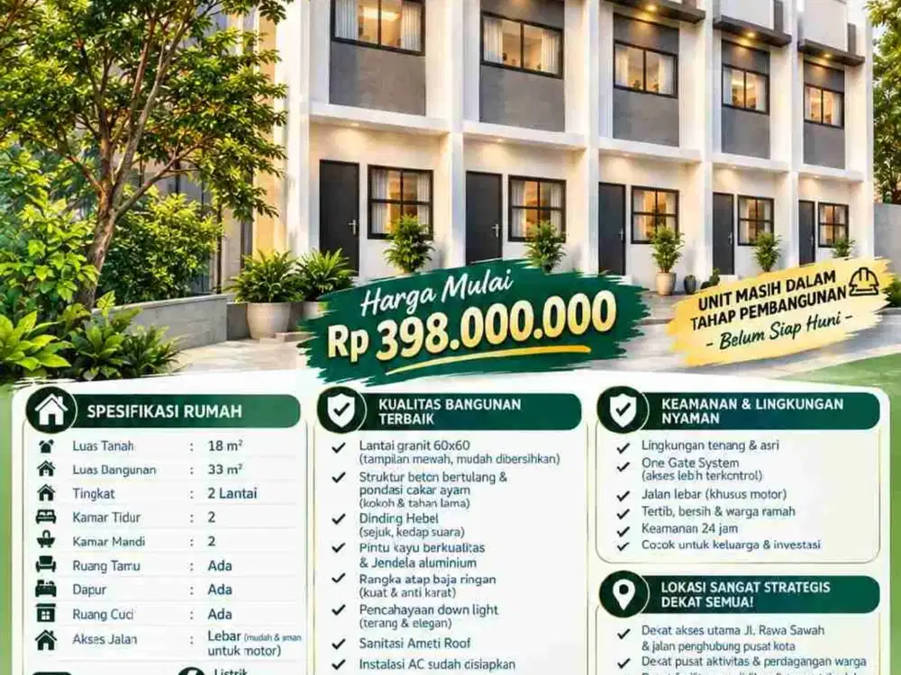 Rumah Modern SHM di Rawa Sawah Jakpus – 2 KT, 2 KM, Mulai Rp398 Juta