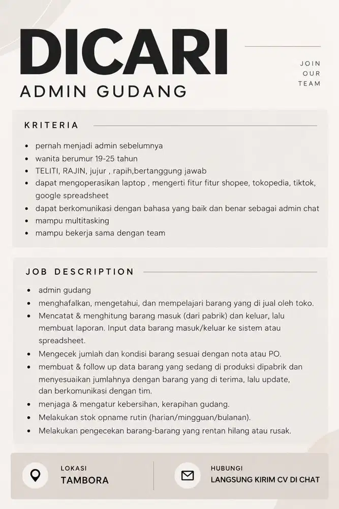 DICARI ADMIN GUDANG