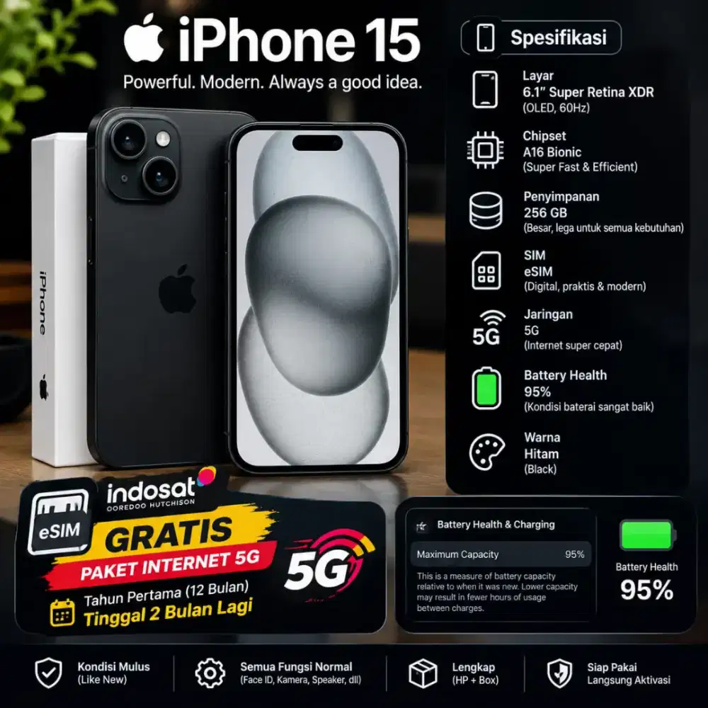 Jual iphone 15 like new, 256 GB, baru 10 bulan pembelian