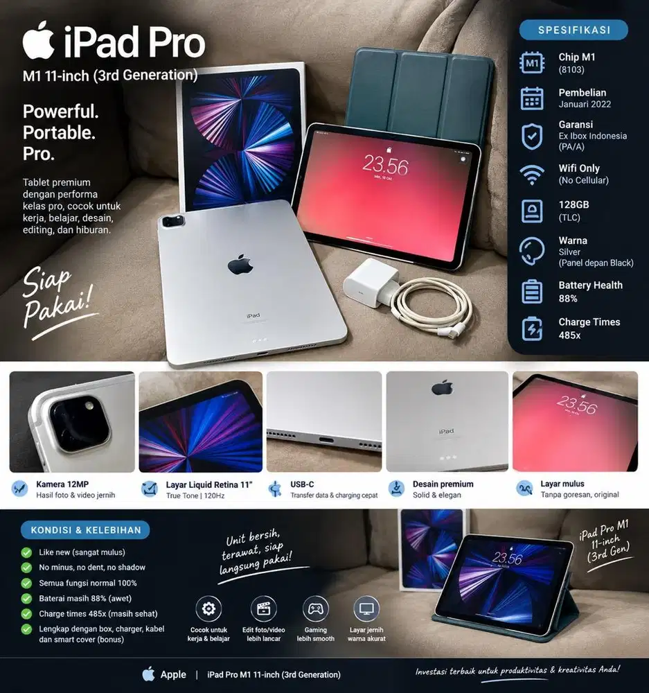 ⁠iPad Pro M1 11 inch 128GB WiFi Only Ex iBox PA/A Mulus Fullset Bonus⁠