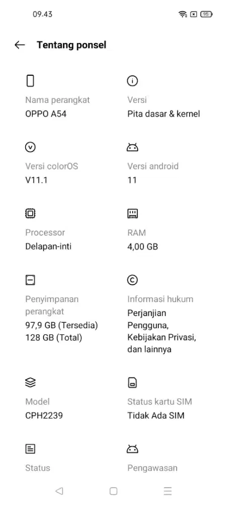 Oppo a54 ram 4/128 batangan normal siap pake,minus pernah ganti lcd