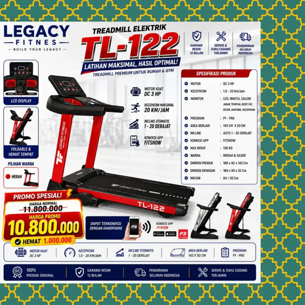 Big treadmill elektrik TL-122 alat kebugaran DLM-462