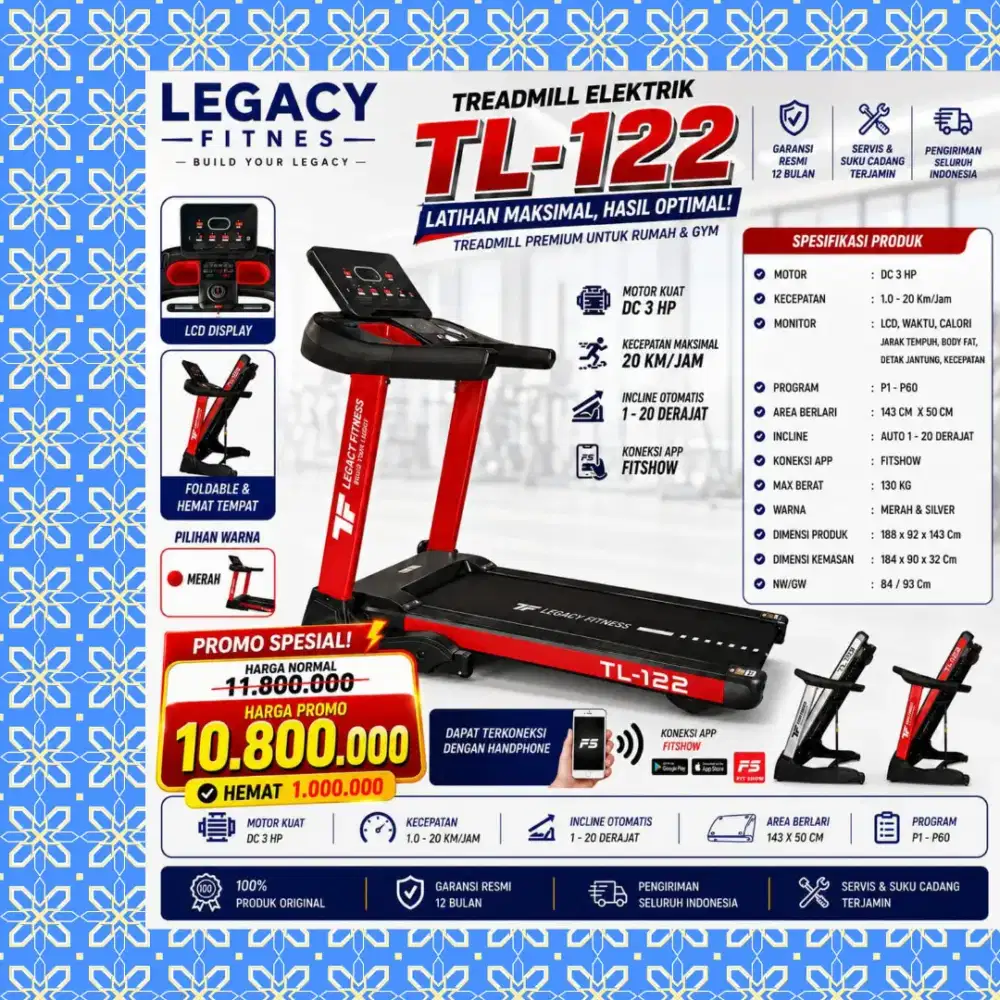 Big treadmill elektrik TL-122 alat kebugaran DLM-462