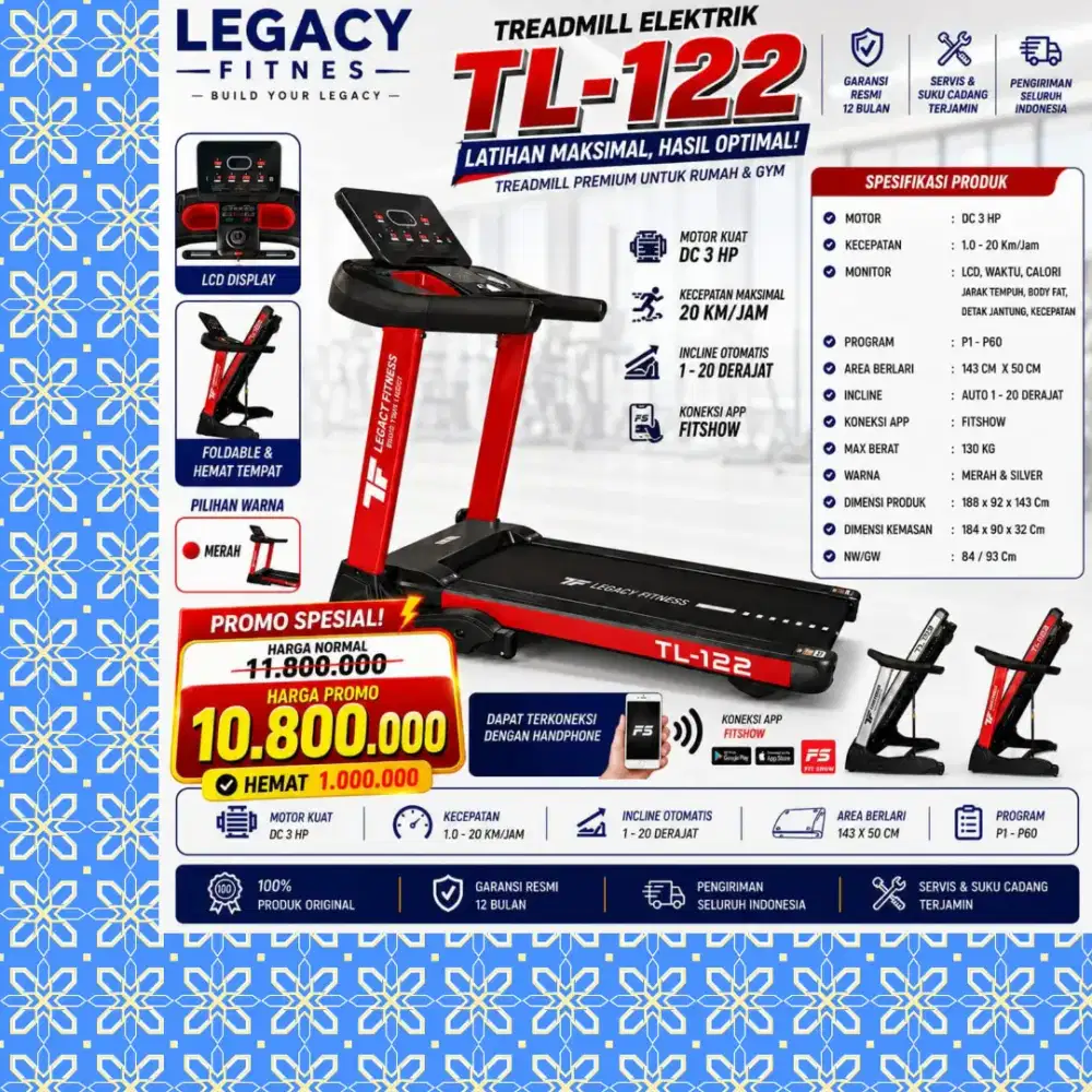 Big treadmill elektrik TL-122 alat kebugaran DLM-462