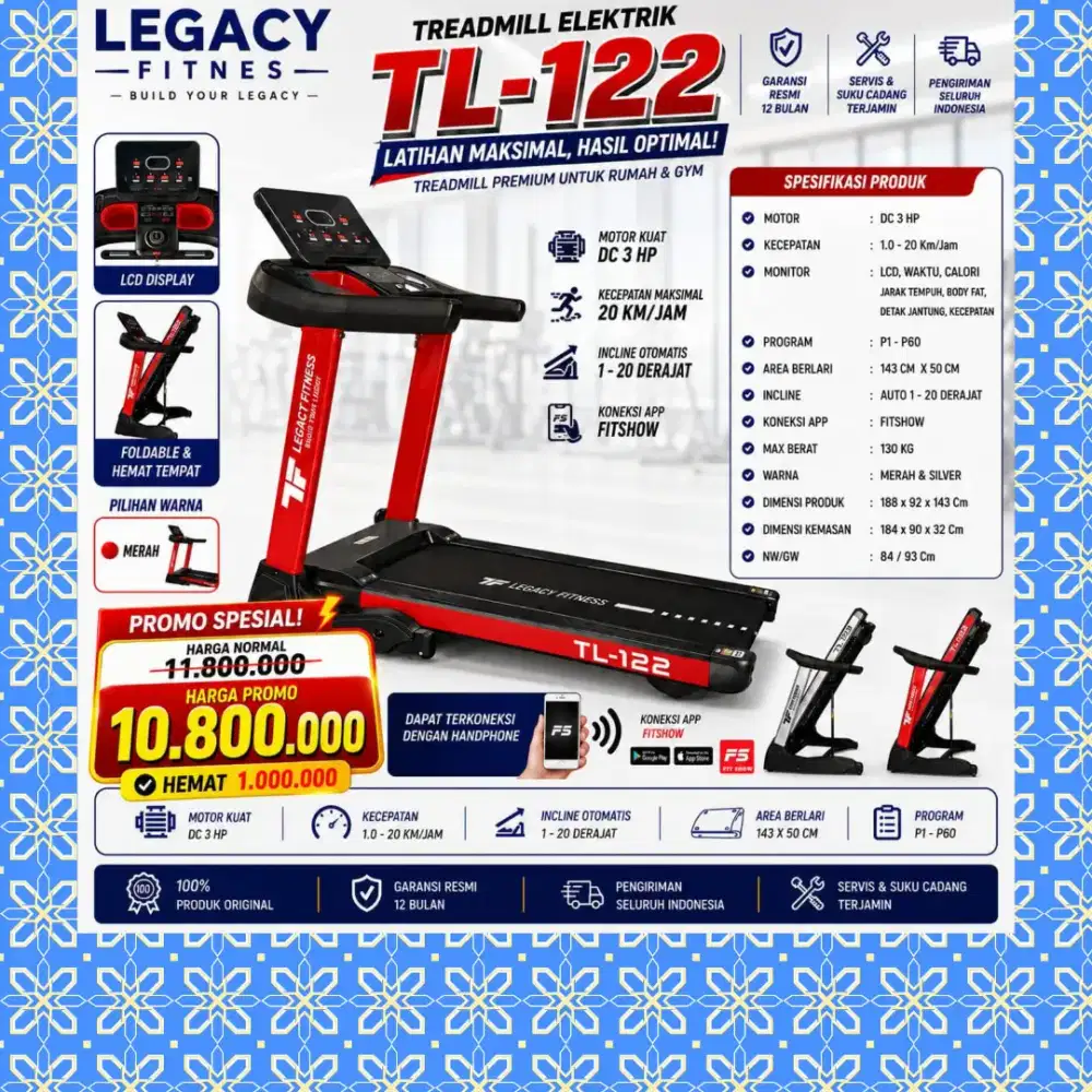 Big treadmill elektrik TL-122 alat kebugaran DLM-462