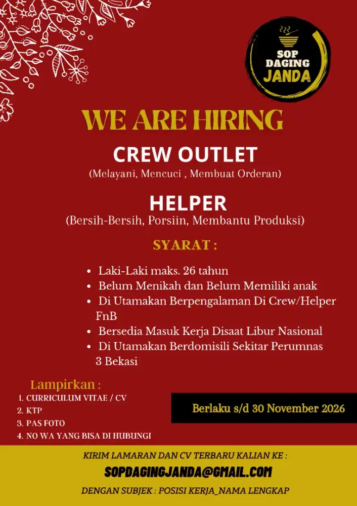 LOWONGAN KERJA DI RUMAH MAKAN PERUMNAS 3 BEKASI TIMUR (LOKER)