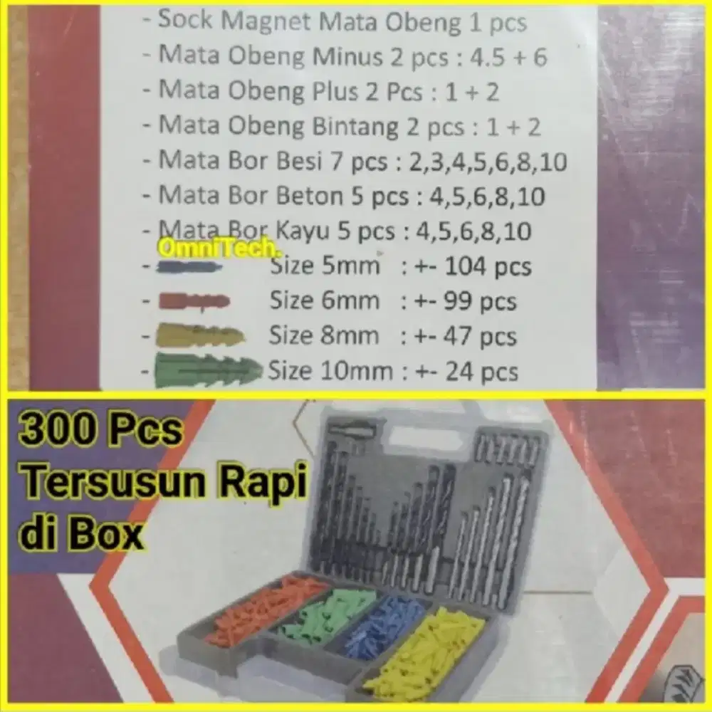 Mata Bor Besi Kayu Beton S5 S6 S8 S10 Mata Sok Obeng Set 300 Pcs Box