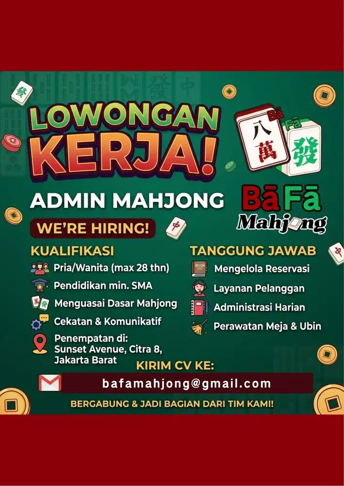 Lowongan kerja Admin Mahjong di Citra 8, Jakarta Barat