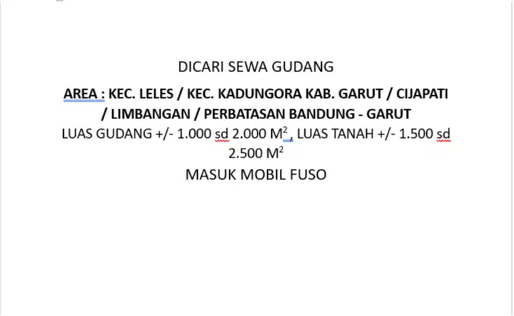 DICARI SEWA GUDANG DAERAH KAB. GARUT