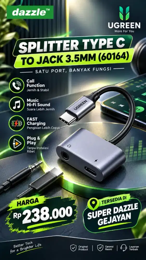 UGREEN SPLITTER TYPE C TO JACK 3.5MM (60164)