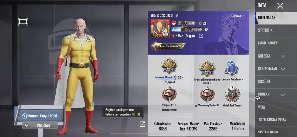 Akun PUBG level 40 Skin Saitama