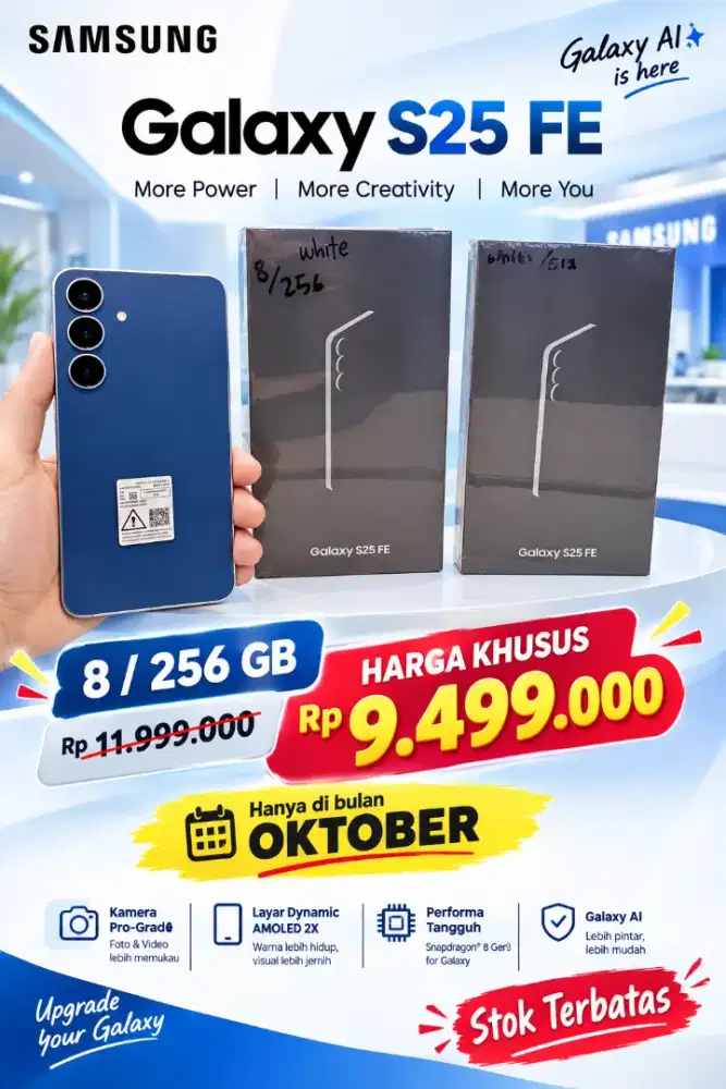 9,499 ‼️  8 / 256 GB
SAMSUNG galaxy S25 FE ‼️
Baru, Segel, Resmi SEIN