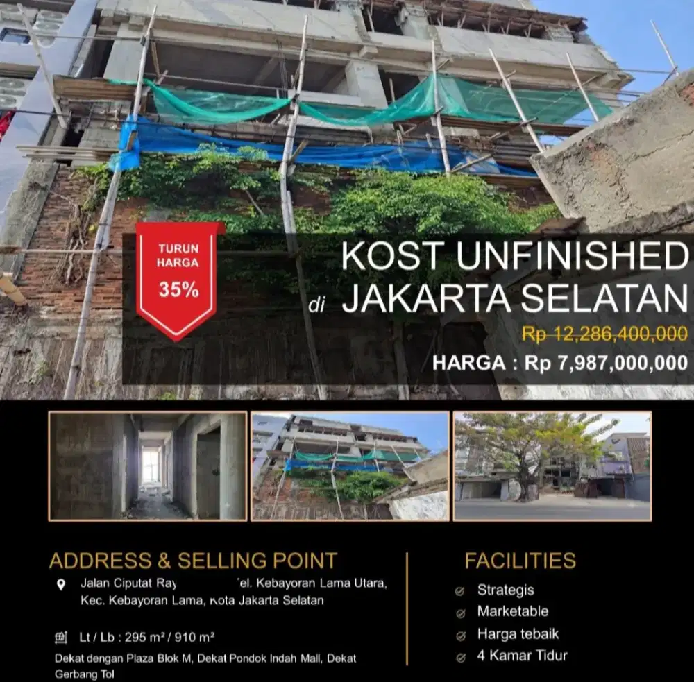 Dijual Rumah Kos 1/2 Bangunan 3 Lantai Ciputat Raya