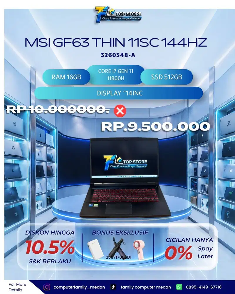 LAPTOP MSI GF63 THIN 11SC 144HZ GEN 11 CORE I7 11800H RAM 16GB/ 512GB