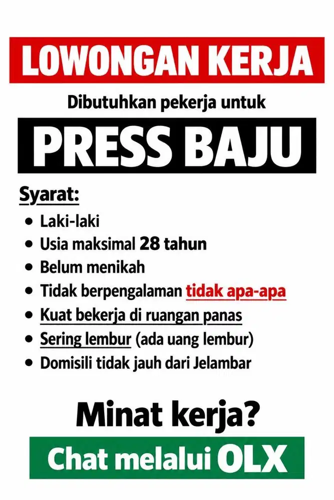 DIBUTUHKAN KARYAWAN LAKI LAKI UNTUK PRESS