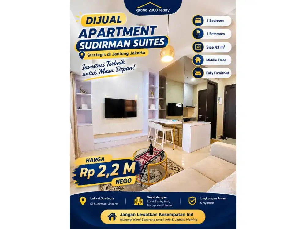 Dijual Apartemen Sudirman Suites 1 Bedroom Fully Furnished 43 m² Harga 2,2 Miliar