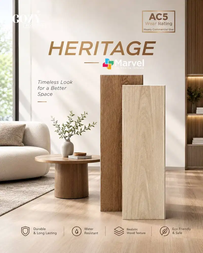 Lantai SPC Marvel Heritage tebal 5mm + 1,5mm IXPE / Lantai kayu anti r