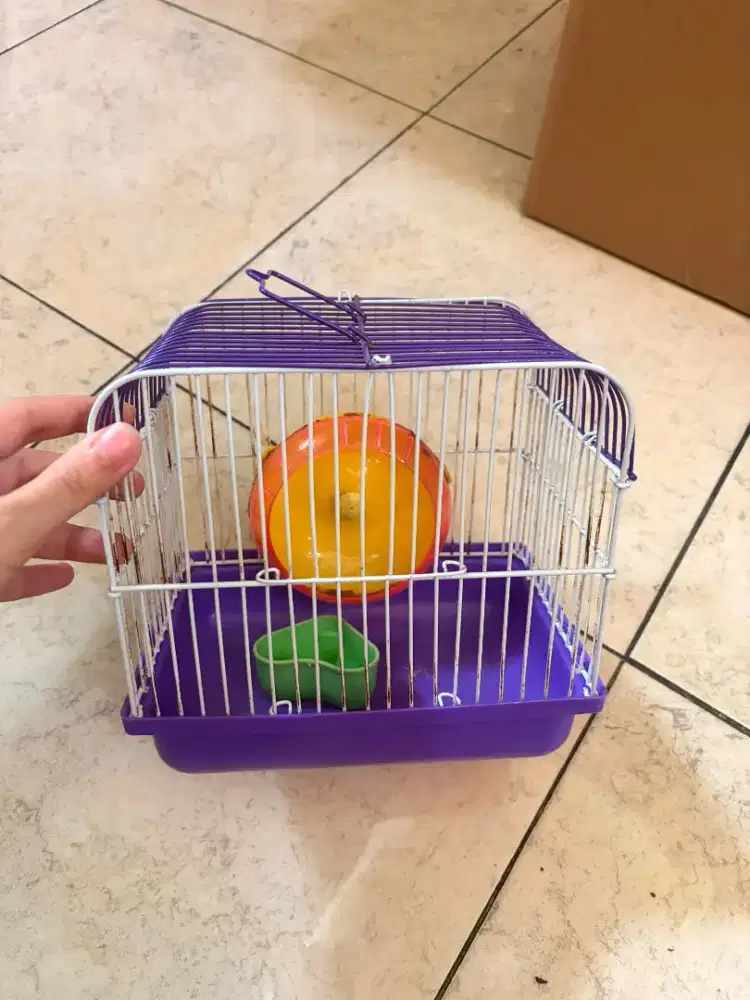 Kandang Hamster Mini /Portable Warna Ungu + Kincir Lari + wadah makan