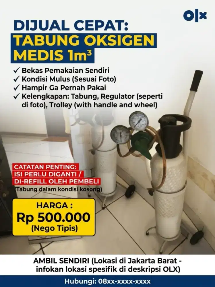 Dijual Tabung Oksigen 1M3 putih beserta kelengkapannya