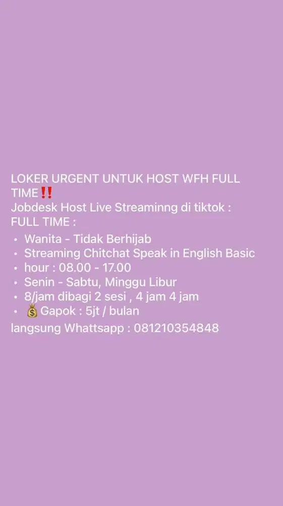 LOKER HOST WFH FULL TIME