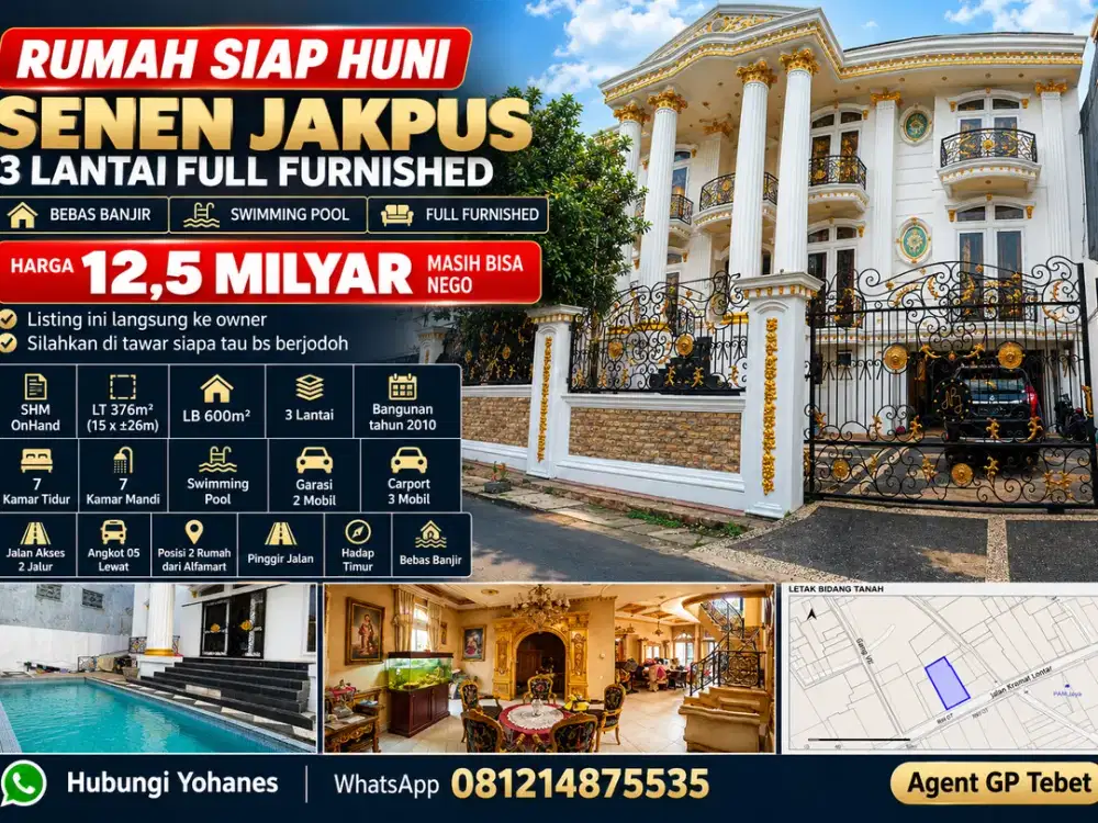Rumah Siap Huni 3 Lantai Full Furnished Bebas Banjir Senen Jakpus