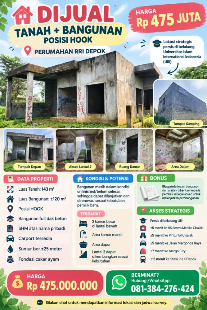 DIJUAL MURAH Tanah dan Bangunan di Perumahan RRI Depok