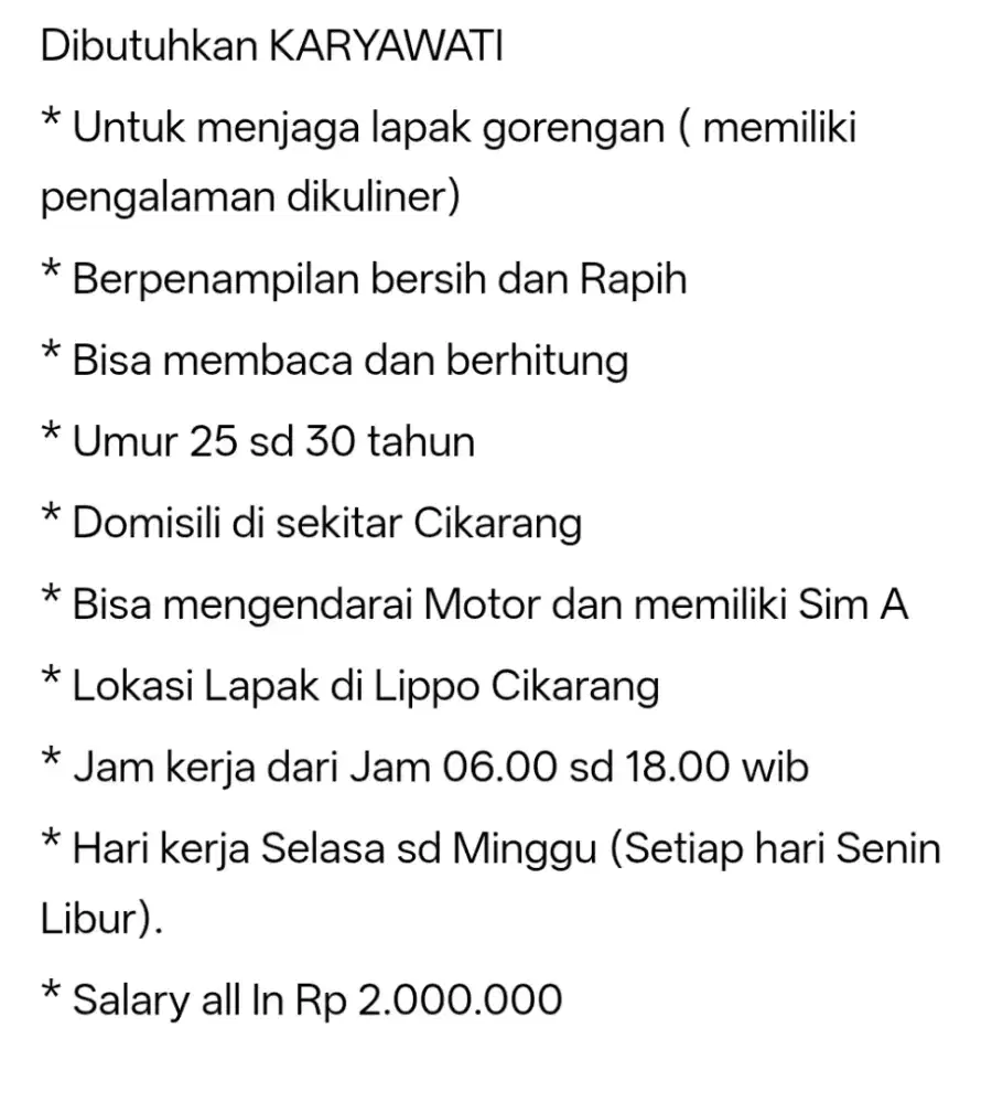 Lowongan kerja untuk KARYAWATI