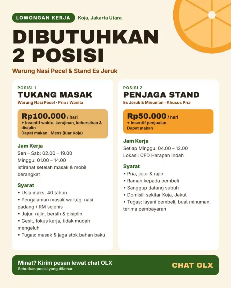 Lowongan Kerja Koja, Jakut – Tukang Masak & Penjaga Stand Es Jeruk
