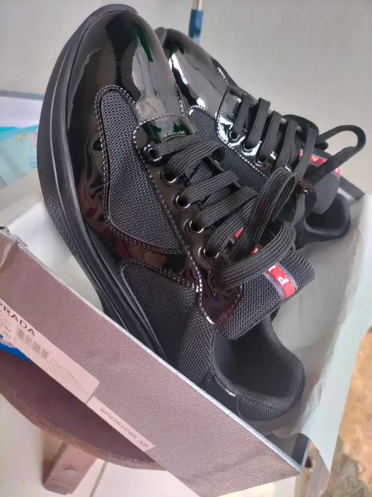 PRADA America Cup Bike Fabric Patent Leather Sneakers Black
