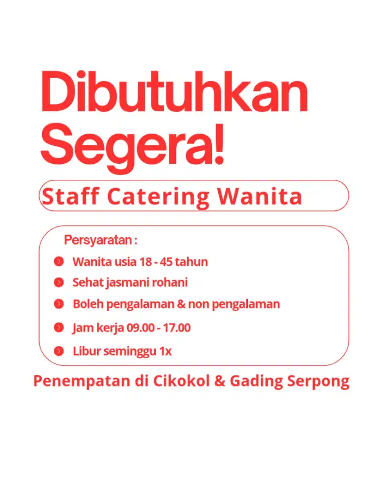 Lowongan kerja staff catering wanita di tangerang