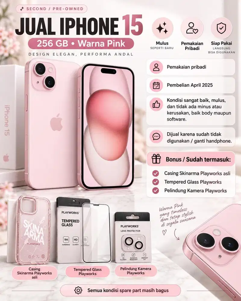 iPhone 15 Pink 256GB Mulus Like New Pemakaian Pribadi No Minus