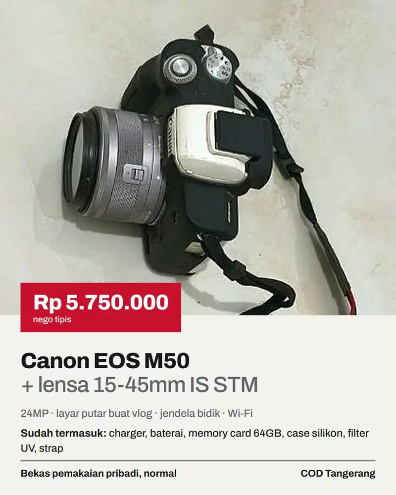 Canon EOS M50 Putih + Lensa Kit 15-45mm IS STM, Normal, Tangerang