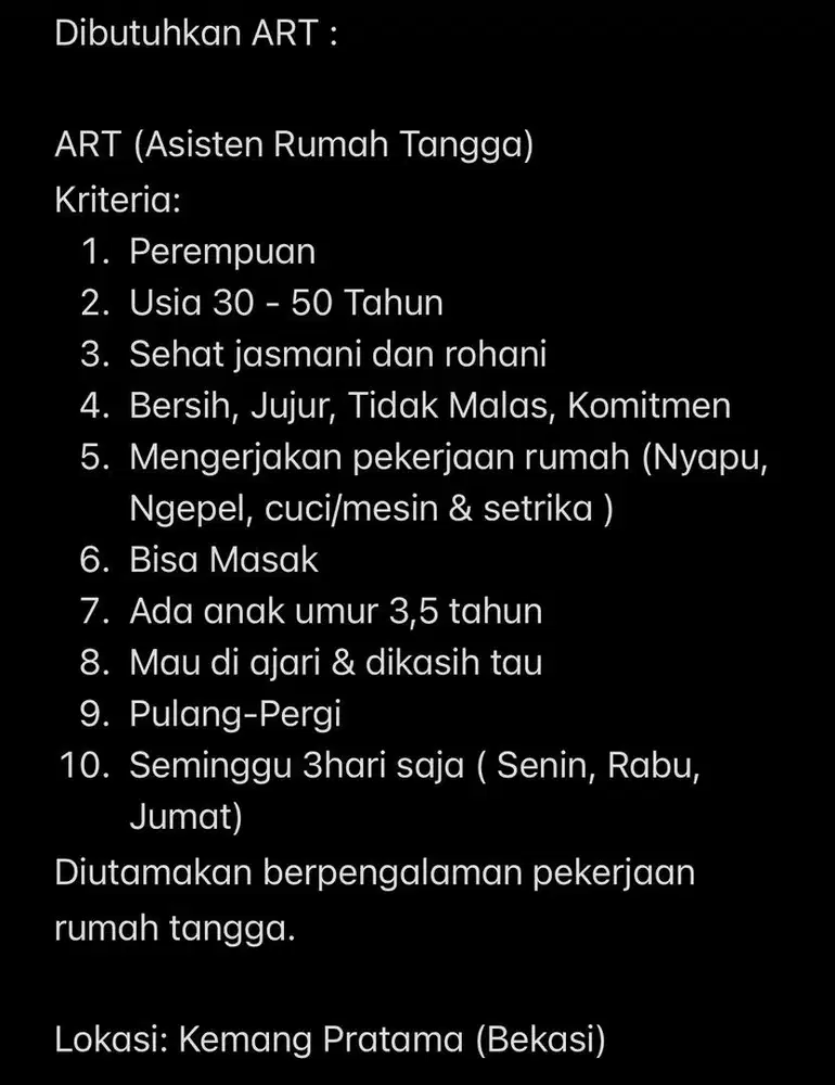 Dibutuhkan ART Bekasi ( PP )