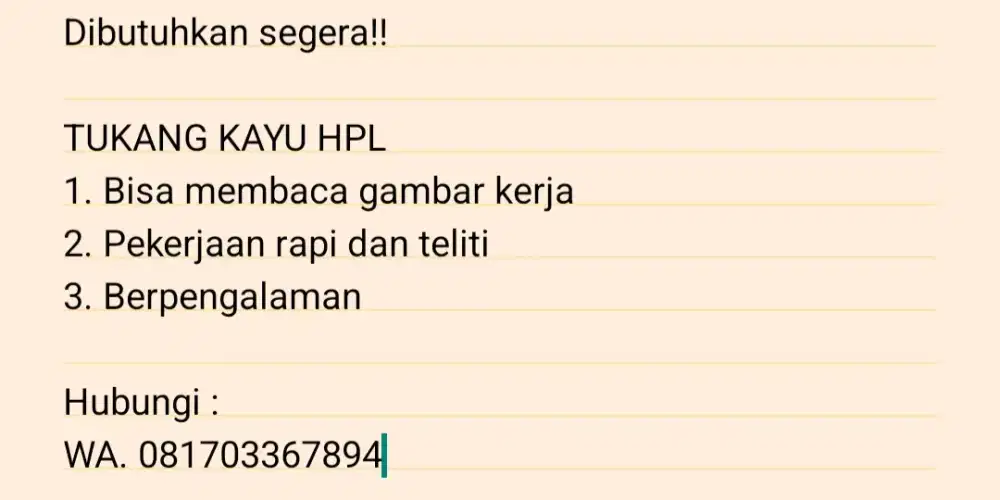 Dicari Segera Tukang Kayu HPL