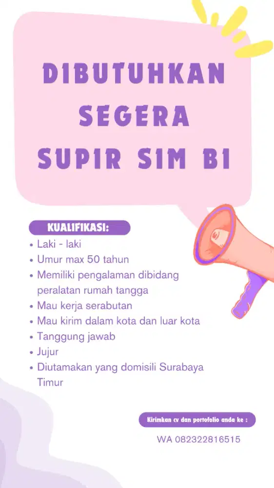 Dicari Supir SIM B1 Area Surabaya