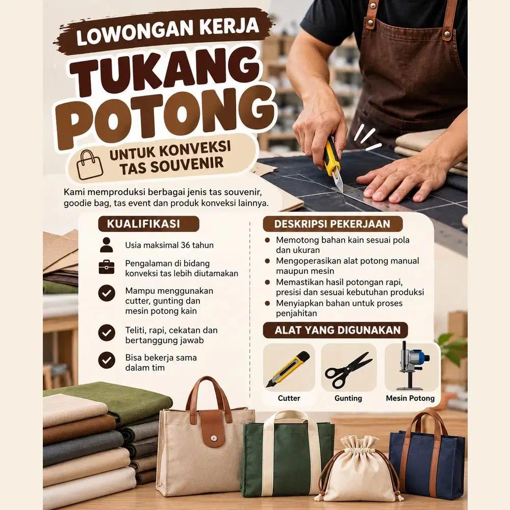DICARI Tukang potong untuk konveksi tas, usia maksimal 36 tahun