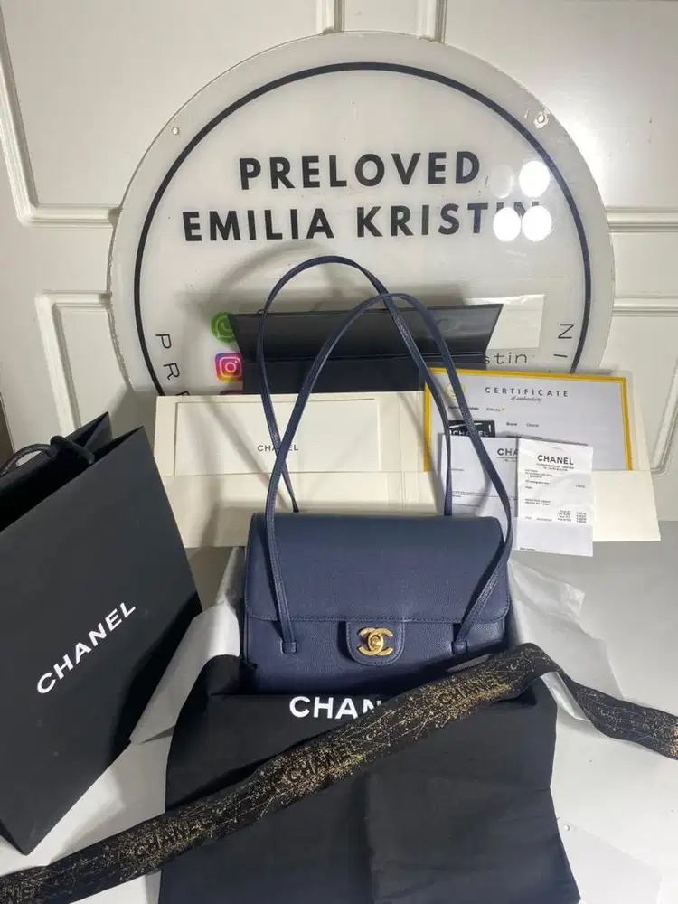 Preloved Small Flap Bag Grained Shiny Calfskin Dark Blue