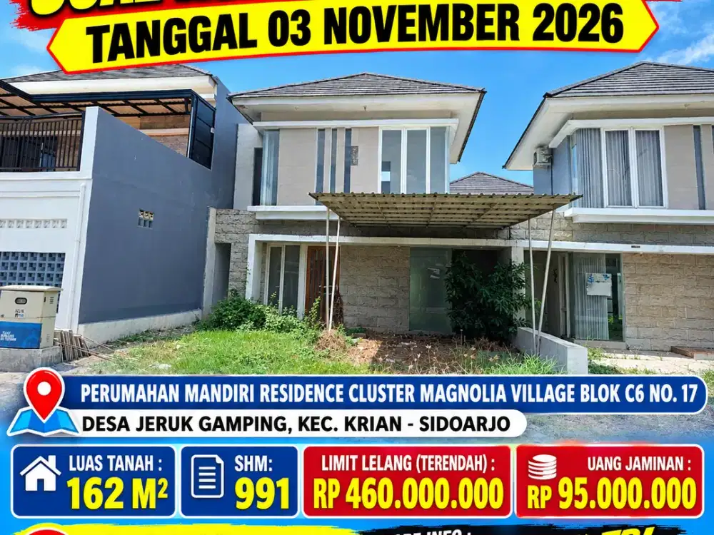 KRIAN - LUAS 162 M2!! DIJUAL RUMAH VIA LELANG DI PERUM MANDIRI RESIDENCE CLUSTER MAGNOLIA VILLAGE
