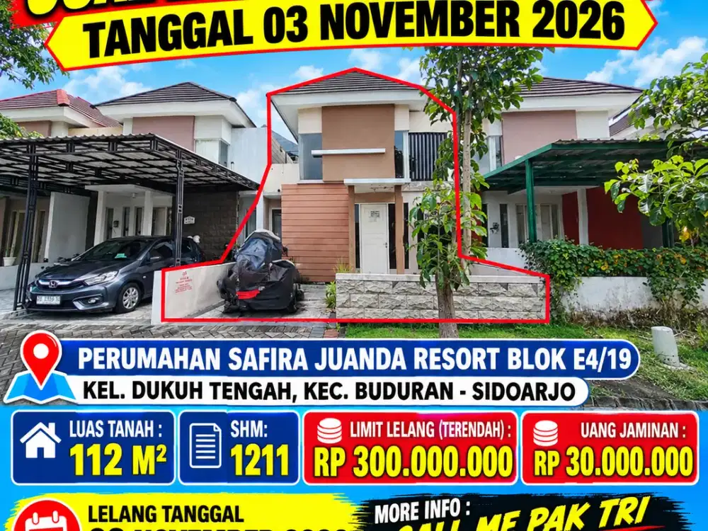 BUDURAN – LUAS 112 M2!! DIJUAL RUMAH VIA LELANG DI PERUM SAFIRA JUANDA RESORT