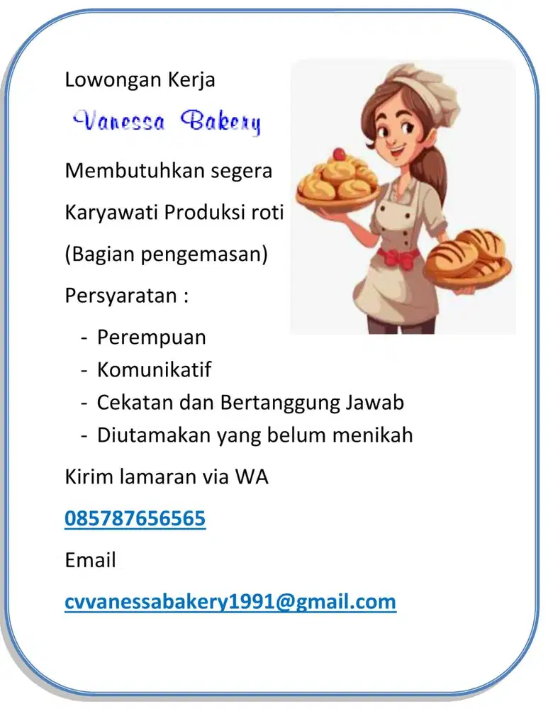 Membutuhkan segera  Karyawati Produksi roti (Bagian pengemasan)
