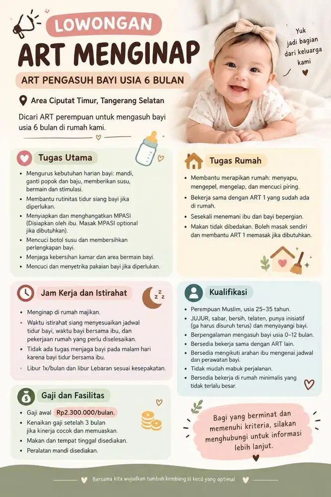 LOWONGAN ART MENGINAP - ART MOMONG  BAYI USIA 6 BULAN