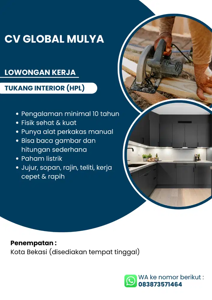 Lowongan Tukang Furniture / Interior / Kayu (HPL)