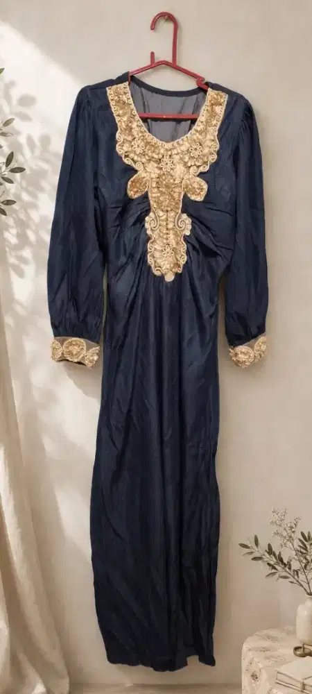 Gamis Denim Bordir Emas Navy Premium - Dress Muslimah Mewah