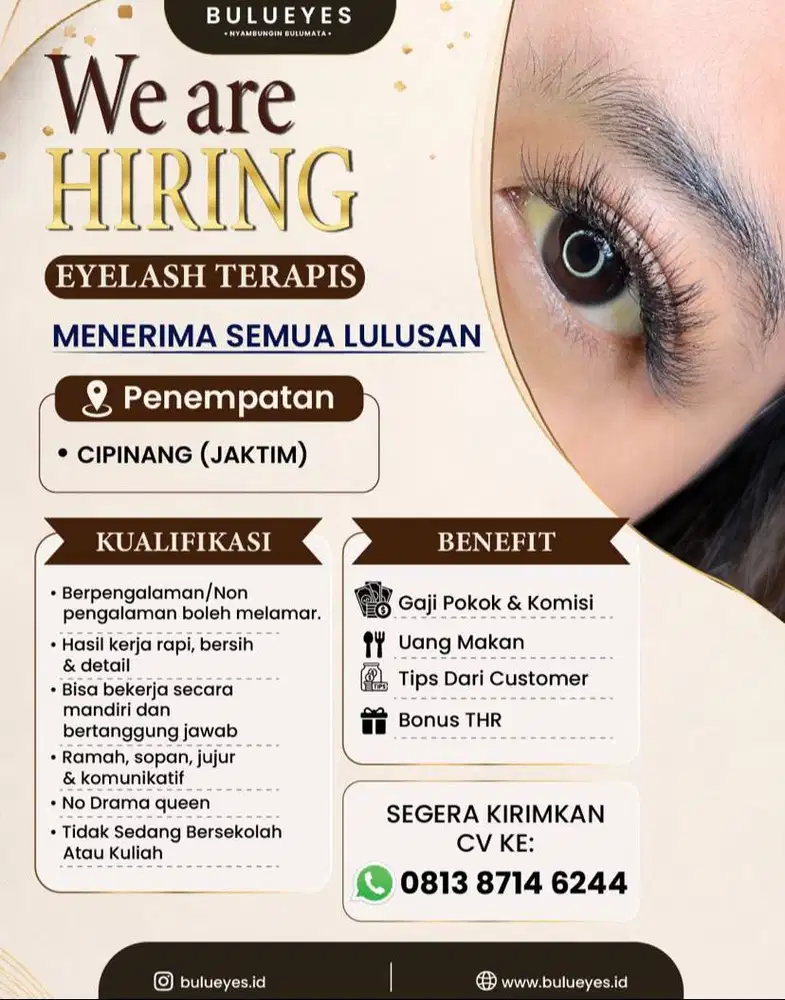 LOWONGAN KERJA EYELASH TERAPIS – BULUEYES CIPINANG (JAKARTA TIMUR)