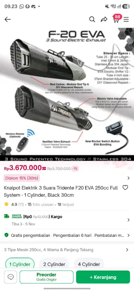 knalpot elektrik tridente f20 eva fullsystem 150cc