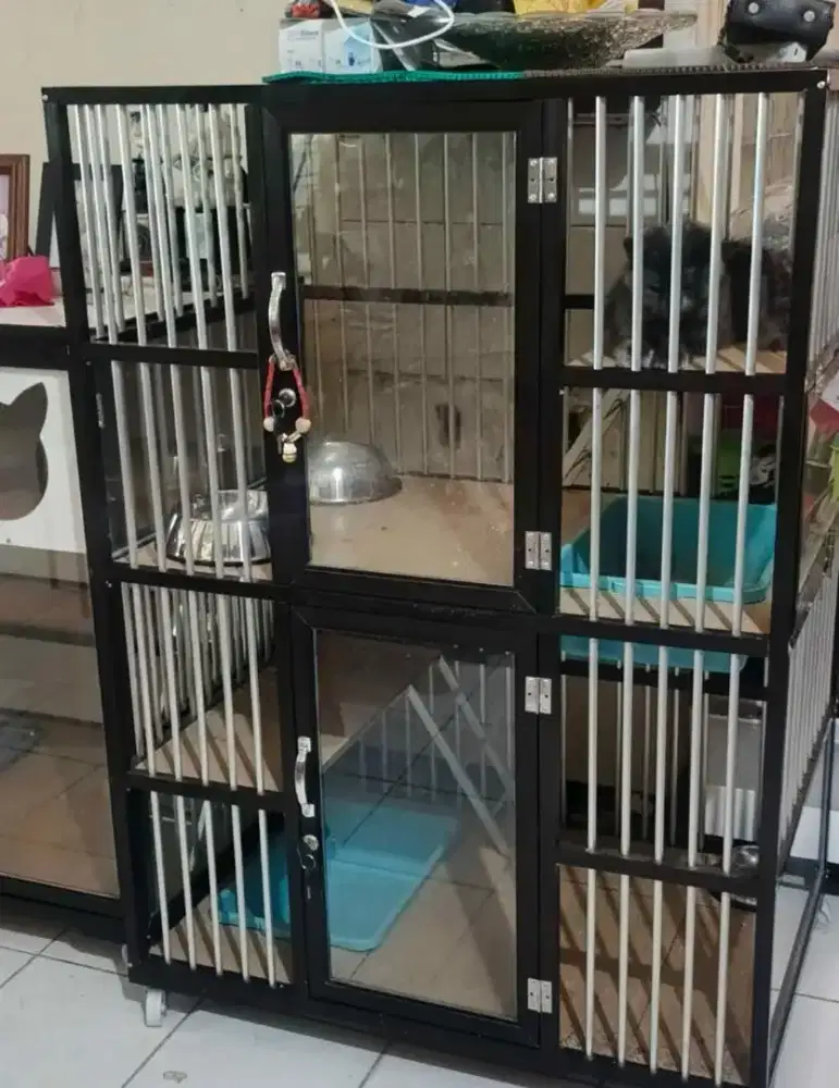 Kandang Kucing 2 tingkat & 2 Slot alumunium kaca